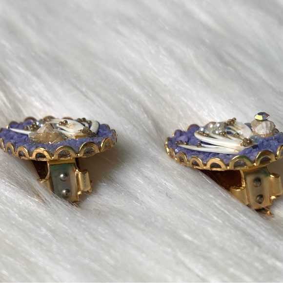 80s Vintage Purple Shell Earrings Mermaidcore Tiny Seed Pearls Shell Clip-Ons - Picture 7 of 11